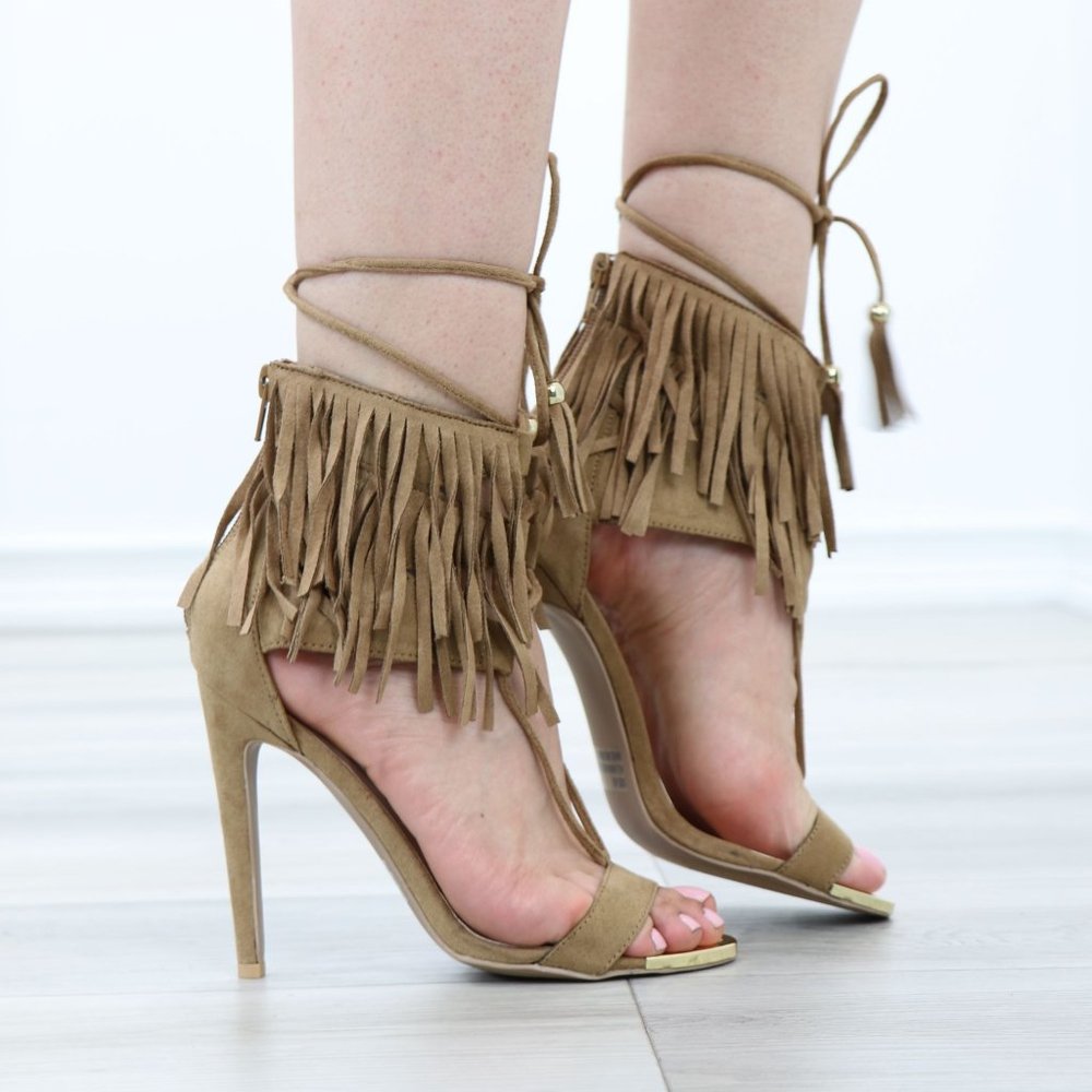 Taupe Suede Apache Fringe Tassel Stiletto Needle High Heel Sandal - Picture 2 of 9